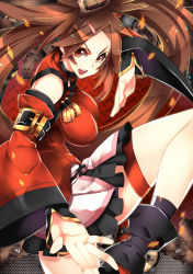 Rule 34 | 1girl, absurdres, breasts, brown eyes, brown hair, china dress, chinese clothes, detached sleeves, dress, female focus, fighting stance, guilty gear, guilty gear xrd, hair ornament, hair tubes, hairclip, highres, impossible clothes, impossible dress, kuradoberi jam, large breasts, lips, long hair, makai, open mouth, skirt, solo, standing, standing on one leg, thigh strap, very long hair, wide sleeves