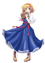 Rule 34 | 1girl, absurdres, alice margatroid, bad id, bad pixiv id, blonde hair, blue eyes, blush, book, boots, dress, female focus, full body, hairband, highres, iyamato, short hair, solo, standing, touhou, transparent background