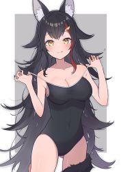 Rule 34 | 1girl, :q, animal ear fluff, animal ears, bare shoulders, black hair, black nails, black one-piece swimsuit, blush, breasts, cleavage, closed mouth, hair ornament, hairclip, highres, hiyoko no ko, hololive, large breasts, long hair, looking at viewer, multicolored hair, nail polish, one-piece swimsuit, ookami mio, red hair, smile, solo, strap lift, streaked hair, swimsuit, tail, tongue, tongue out, very long hair, virtual youtuber, wolf ears, wolf girl, wolf tail, yellow eyes
