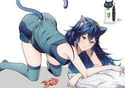 Rule 34 | 1girl, ameno (a meno0), animal ears, ass, bent over, blue eyes, blue hair, blush, breasts, cat ears, cat girl, fire emblem, fire emblem awakening, indoors, long hair, looking at viewer, lucina (fire emblem), nintendo, pillow, simple background, small breasts, smile, solo, tiara, underwear