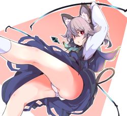Rule 34 | 1girl, animal ear fluff, animal ears, arm up, commentary request, crystal, furorina, grey hair, hair between eyes, jewelry, legs, long sleeves, looking at viewer, mouse ears, mouse tail, nazrin, panties, pendant, red eyes, short hair, skirt, socks, solo, tail, touhou, underwear, white panties