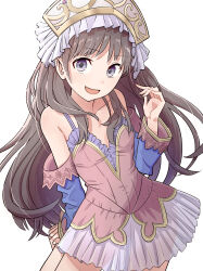 Rule 34 | 1girl, atelier (series), atelier totori, bare shoulders, blue sleeves, brown hair, detached sleeves, dress, hair ornament, hat, headdress, highres, long hair, looking at viewer, open mouth, oxymoron 0213, purple eyes, see-through, simple background, skirt, smile, solo, totooria helmold, white background