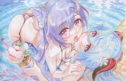 2girls bikini blue_hair blue_kimono breasts cleavage commentary covered_erect_nipples day flower food french_kiss ganyu_(genshin_impact) genshin_impact hair_flower hair_ornament hand_on_another&#039;s_shoulder highres holding holding_food holding_ice_cream horns ice_cream ice_cream_cone japanese_clothes jerry_(pixiv69362359) keqing_(genshin_impact) kimono kiss long_hair looking_at_viewer medium_breasts multiple_girls outdoors partially_submerged pool purple_bikini purple_eyes purple_hair side-tie_bikini_bottom swimsuit water wet white_flower yuri