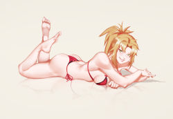 Rule 34 | 1girl, ass, bikini, blonde hair, breasts, cleavage, fate (series), feet, female focus, full body, green eyes, grin, highres, large breasts, legs, looking at viewer, lying, mordred (fate), on stomach, ponytail, red bikini, seductive smile, sideboob, simple background, smile, soles, solo, swimsuit, the pose, thighs, thong bikini