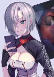 Rule 34 | 1boy, 1girl, black gloves, breasts, cellphone, cleavage, cleavage cutout, clothing cutout, commander (girls&#039; frontline), commentary request, commission, fingerless gloves, girls&#039; frontline, gloves, green eyes, griffin &amp; kryuger military uniform, hair over one eye, large breasts, mg5 (girls&#039; frontline), phone, fake phone screenshot, revealing clothes, short hair, silver hair, skeb commission, sleeping, smartphone, smile, taking picture, upper body, yokai cucumber