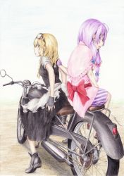 Rule 34 | 2girls, :p, back, blonde hair, blush, braid, colored pencil (medium), dress, female focus, fingerless gloves, gloves, goggles, hair ribbon, highres, kirisame marisa, long hair, motor vehicle, motorcycle, multiple girls, multiple riders, no headwear, open mouth, patchouli knowledge, red pond, ribbon, smile, tongue, tongue out, touhou, traditional media, vehicle, yellow eyes