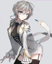 Rule 34 | 1girl, anastasia (idolmaster), back bow, black necktie, black shirt, black thighhighs, blue eyes, bow, braid, breasts, chromatic aberration, collared shirt, cowboy shot, cross-laced clothes, earrings, epaulettes, garter straps, gem, gold trim, grey background, hair behind ear, hair between eyes, head tilt, highres, idolmaster, idolmaster cinderella girls, idolmaster cinderella girls starlight stage, jacket, jewelry, leaning forward, long sleeves, looking at viewer, medium hair, necktie, open clothes, open jacket, parted lips, rum raisin (chihiromakita19), shirt, short shorts, shorts, side braid, simple background, single braid, single earring, sleeves past wrists, solo, standing, thighhighs, white bow, white jacket, white shorts, wide sleeves