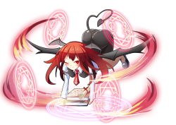 Rule 34 | 1girl, blush, book, cross, demon tail, demon wings, full body, head wings, inverted cross, koakuma, low wings, magic circle, necktie, one eye closed, red hair, simple background, solo, tail, touhou, v-shaped eyebrows, white background, wings, z.o.b