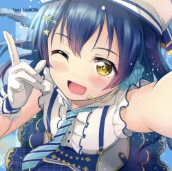 Rule 34 | 1girl, arrow hair ornament, artist name, artist request, b.ren, bare shoulders, blue hair, blush, braid, collared shirt, earrings, female focus, flower, gloves, hair between eyes, hair flower, hair ornament, hairclip, hat, highres, jewelry, long hair, looking at viewer, love live!, love live! school idol festival, love live! school idol festival all stars, love live! school idol project, microphone, necktie, one eye closed, reaching, reaching towards viewer, ribbon, shirt, skirt, smile, solo, sonoda umi, standing, star (symbol), star hair ornament, striped, striped necktie, tears, white gloves, yellow eyes