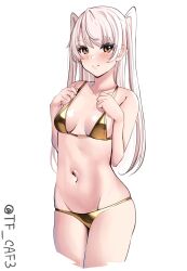 Rule 34 | 1girl, alternate costume, amatsukaze (kancolle), bikini, breasts, brown eyes, cleavage, commentary request, cowboy shot, gold bikini, grey hair, highres, kantai collection, long hair, navel, one-hour drawing challenge, simple background, small breasts, smile, solo, swimsuit, tf cafe, twintails, twitter username, very long hair, white background