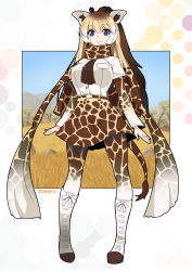 Rule 34 | 10s, 1girl, :&gt;, animal ears, animal print, belt, blonde hair, blue eyes, blush, boots, breast pocket, breasts, brown hair, closed mouth, full body, giraffe ears, giraffe horns, giraffe print, giraffe tail, hair between eyes, highres, horns, kemono friends, knee boots, large breasts, long hair, long sleeves, multicolored hair, pantyhose, pleated skirt, pocket, reticulated giraffe (kemono friends), scarf, shirt, signature, skirt, smile, solo, standing, tail, umigarasu (kitsune1963), very long hair, white footwear, white hair, white shirt