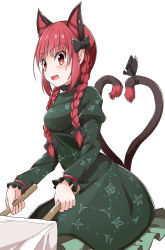 Rule 34 | 1girl, :d, absurdres, animal ear fluff, animal ears, black ribbon, blush, braid, breasts, bright pupils, cat ears, cat tail, cowboy shot, dress, extra ears, fang, floral print, frills, green dress, happy, heart, heart tail, highres, hiro (pqtks113), holding, juliet sleeves, kaenbyou rin, long hair, long sleeves, looking ahead, low twin braids, low twintails, medium breasts, multiple tails, nekomata, open mouth, pointy ears, puffy sleeves, red eyes, red hair, ribbon, simple background, smile, solo, tail, tail ornament, tail ribbon, touhou, twin braids, twintails, two tails, wheelbarrow, white background