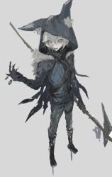 Rule 34 | 1boy, animal ear fluff, animal hood, black cloak, black footwear, black pants, boots, cloak, colored sclera, full body, grey background, grey eyes, grey hair, grey sclera, hand up, highres, holding, holding polearm, holding weapon, hood, hooded cloak, identity v, ithaqua (identity v), jiz (pffbq), long sleeves, looking at viewer, open mouth, pants, polearm, short hair, simple background, solo, standing, weapon, weapon request