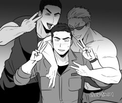 Rule 34 | 3boys, :p, ao isami, arm around shoulder, blush, faceless, faceless male, facial hair, greyscale, imminent gangbang, male focus, monochrome, multiple boys, muscular, muscular male, nervous, pectorals, pornstar, ryouma arakai, sideburns stubble, stubble, sunglasses, taking picture, thick eyebrows, tongue, tongue out, upper body, yamitoxxxxx, yaoi, yuuki bakuhatsu bang bravern