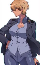Rule 34 | 1girl, black pants, blonde hair, blush, brave witches, breasts, brown eyes, cameltoe, cleavage, collarbone, covered erect nipples, earrings, em (totsuzen no hakike), gluteal fold, hand on own hip, hat, holding, holding clothes, holding hat, jewelry, large breasts, looking at viewer, military, military uniform, pants, short hair, simple background, smile, solo, uniform, unworn hat, unworn headwear, waltrud krupinski, white background, world witches series