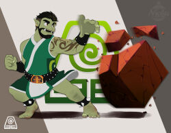 Rule 34 | 1boy, avatar: the last airbender, avatar legends, bara, beard, colored skin, facial hair, fighting stance, foot hair, full beard, geokinesis, green skin, highres, male focus, martial arts, monster boy, nicku arts, orc, original, pointy ears, short hair, solo, standing, thick eyebrows, thick leg hair, toned, toned male, tusks, undercut