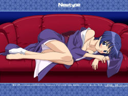 Rule 34 | 1girl, ai yori aoshi, bare shoulders, barefoot, blue eyes, blue hair, blush, bob cut, breast press, breasts, cleavage, couch, embarrassed, feet, indoors, japanese clothes, jpeg artifacts, kimono, legs, letterboxed, long legs, looking at viewer, lying, matching hair/eyes, nawa munenori, newtype, no bra, obi, off shoulder, official art, official wallpaper, on side, open mouth, red upholstery, sakuraba aoi, sash, short hair, single sock, socks, solo, tabi, unaligned breasts, wallpaper, wide sleeves