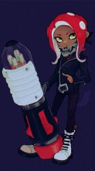 Rule 34 | 1girl, ballpoint splatling (splatoon), bandana, belt, black bandana, black belt, black jacket, black pants, blue background, boots, closed mouth, commentary, dark-skinned female, dark skin, dot nose, eyebrow cut, film grain, full body, gradient hair, hand in pocket, holding, holding weapon, imaikuy0, jacket, long hair, looking to the side, multicolored hair, nintendo, octoling girl, octoling player character, pants, partially unzipped, purple hair, red hair, skull print, solo, splatoon (series), standing, suction cups, symbol-only commentary, tentacle hair, two-tone hair, weapon, white footwear, yellow eyes, zipper, zipper pull tab