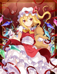 Rule 34 | 1girl, 6u (eternal land), :d, bad id, bad pixiv id, blonde hair, hugging doll, flandre scarlet, frills, gloves, hat, looking at viewer, mob cap, hugging object, open mouth, red eyes, side ponytail, smile, solo, stuffed animal, stuffed toy, teddy bear, touhou, white gloves, wings