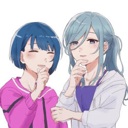Rule 34 | 2girls, blue eyes, blue hair, blush, camisole, closed eyes, commentary request, hair between eyes, hand on own chin, hinomori shizuku, hood, hood down, hooded jacket, hoodie, jacket, kiritani haruka, light blue hair, long hair, long hair between eyes, long sleeves, looking at viewer, lower teeth only, multiple girls, open clothes, open jacket, open mouth, parted lips, partial commentary, pink hoodie, project sekai, purple camisole, short hair, sidelocks, simple background, teeth, upper body, white background, white jacket, yarou (0tyaro)