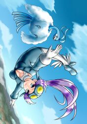 Rule 34 | 1girl, altaria, beak, blue feathers, blue skin, blue sky, blue unitard, breasts, cleavage, collarbone, colored skin, commentary request, creatures (company), dragon, feathers, fluffy, game freak, gen 3 pokemon, gloves, goggles, long hair, long sleeves, nabe puyo, nintendo, pilot helmet, pilot suit, pokemon, pokemon (creature), pokemon oras, ponytail, purple eyes, purple hair, sky, skydive, unitard, white feathers, winona (pokemon)