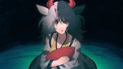 Rule 34 | 1girl, animal ears, animal print, black background, black hair, brown eyes, commentary request, cow ears, cow print, dark background, futoumeido, grey hair, holding, horns, long hair, long sleeves, looking at viewer, multicolored hair, shirt, solo, split-color hair, touhou, two-tone hair, upper body, ushizaki urumi, wide-eyed, yellow shirt