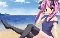 Rule 34 | 1girl, bad id, bad pixiv id, beach, food, highres, long hair, one-piece swimsuit, original, pink hair, popsicle, purple eyes, purple hair, runa7, school swimsuit, sexually suggestive, solo, swimsuit, thighhighs, twintails