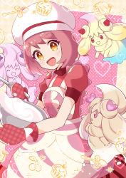 Rule 34 | 1girl, :d, alcremie, alcremie (strawberry sweet), alternate hair color, apron, blush, buttons, commentary request, cosplay, creatures (company), dawn (palentine&#039;s 2021) (pokemon), dawn (pokemon), dawn (pokemon) (cosplay), dress, eyelashes, game freak, gen 8 pokemon, gloria (pokemon), hanezu haru, hat, highres, holding, mittens, mixing bowl, nintendo, open mouth, oven mitts, pokemon, pokemon masters ex, pokemon swsh, purple hair, red dress, red mittens, short sleeves, smile, tongue, white headwear, yancy (pokemon), yellow eyes