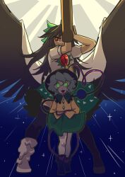 Rule 34 | 2girls, arm cannon, arm up, bird wings, black hat, black thighhighs, bow, brown hair, brown wings, buttons, cape, collared shirt, commentary, control rod, diamond button, english commentary, eyeball, frilled shirt collar, frills, full body, green bow, green eyes, green hair, green skirt, hair between eyes, hair bow, hat, hat bow, heart, heart of string, highres, komeiji koishi, long hair, long sleeves, looking at viewer, medium bangs, multiple girls, open mouth, print cape, puffy short sleeves, puffy sleeves, reiuji utsuho, shirt, short hair, short sleeves, skirt, smile, standing, starry sky print, taco touhou, thighhighs, third eye, touhou, two-sided cape, two-sided fabric, v-shaped eyebrows, wavy hair, weapon, white cape, white shirt, wings, yellow bow, yellow shirt