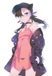 Rule 34 | 1girl, anpolly, aqua eyes, asymmetrical bangs, asymmetrical hair, bare shoulders, black choker, black hair, black jacket, breasts, choker, commentary request, creatures (company), dress, earrings, game freak, hair ribbon, highres, jacket, jewelry, long sleeves, looking at viewer, marnie (pokemon), nintendo, open clothes, pink dress, pokemon, pokemon swsh, ribbon, simple background, solo, twintails, white background