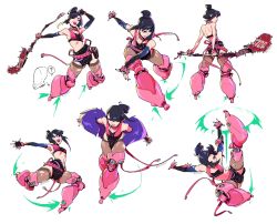 Rule 34 | 1girl, ?, action, arucelli, black gloves, black hair, charging forward, chin piercing, commentary, dynamic pose, elbow gloves, english commentary, eyeshadow, fingerless gloves, floating hair, gloves, green eyes, hair bun, highres, holding, holding weapon, kicking, makeup, mechanical legs, nail polish, open hands, open mouth, original, red eyeshadow, road sign, sign, single hair bun, speech bubble, spoken question mark, stop sign, weapon, white background