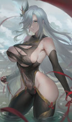 Rule 34 | 1girl, absurdres, black bodysuit, blue eyes, bodysuit, breasts, bridal gauntlets, covered navel, earrings, genshin impact, gold trim, hair ornament, hair over one eye, highres, hip vent, jewelry, jiam009, large breasts, long hair, looking at viewer, parted lips, red ribbon, resolution mismatch, ribbon, shenhe (genshin impact), skindentation, solo, source smaller, tassel, tassel earrings, torn bodysuit, torn clothes, very long hair, wading, water, wet, white hair