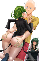 Rule 34 | 1boy, 2girls, ?, ass, ass grab, bald, between buttocks, black dress, black footwear, blush, breasts, closed mouth, commentary, curly hair, dress, english commentary, enma (enmanuelart), foreshortening, from behind, fubuki (one-punch man), grabbing another&#039;s ass, green eyes, green hair, groping, hand on another&#039;s arm, hand on another&#039;s chest, hetero, highres, huge ass, large breasts, medium breasts, multiple girls, one-punch man, patreon logo, patreon username, profile, red shorts, saitama (one-punch man), shiny skin, shirt, short hair, short sleeves, shorts, siblings, simple background, sisters, tatsumaki, telekinesis, voyeurism, wavy mouth, wide hips, yellow shirt