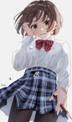 Rule 34 | 1girl, artist name, black pantyhose, blue skirt, blush, bow, braid, brown eyes, brown hair, buttons, collared shirt, commentary request, cowboy shot, crying, crying with eyes open, diagonal-striped bow, flying teardrops, hand on own face, highres, holding, holding pencil, hue 0813, kamiyama high school uniform (project sekai), long sleeves, looking at viewer, looking down, open mouth, pantyhose, pencil, pleated skirt, project sekai, red bow, school uniform, shinonome ena, shirt, shirt tucked in, side braid, simple background, single braid, skirt, solo, tears, teeth, white background, white shirt, wiping tears, wooden pencil