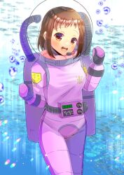 Rule 34 | 1girl, :d, air bubble, animal, bang dream!, bodysuit, breasts, brown eyes, brown hair, bubble, commentary request, commission, day, diving helmet, diving suit, fish, forehead, hands up, hazawa tsugumi, headpiece, helmet, kou hiyoyo, long sleeves, medium breasts, open mouth, outdoors, pink bodysuit, puffy long sleeves, puffy sleeves, skeb commission, smile, solo, underwater, water