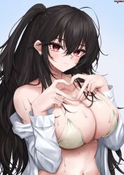Rule 34 | 1girl, absurdres, ahoge, azur lane, bare shoulders, bikini, black hair, blush, breasts, cleavage, closed mouth, collarbone, commentary request, crossed bangs, eyelashes, gradient background, hair between eyes, heart, heart hands, highres, huge breasts, long hair, long sleeves, looking at viewer, navel, off shoulder, official alternate costume, one side up, open clothes, open shirt, red eyes, shirt, signature, simple background, solo, stomach, string bikini, swimsuit, taihou (azur lane), taihou (seaside daydreams) (azur lane), ueyama 0clock, wet, white bikini, white shirt