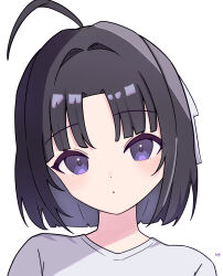Rule 34 | 1girl, :o, absurdres, artist name, awa subaru, black hair, girls band cry, hair intakes, head tilt, highres, looking at viewer, official alternate hair length, official alternate hairstyle, omochi tabeyo97, open mouth, parted bangs, purple eyes, shirt, short hair, simple background, solo, upper body, white background, white shirt