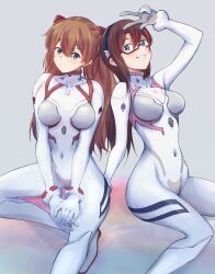 Rule 34 | 2girls, blue eyes, bodysuit, breasts, brown hair, commentary request, covered navel, evangelion: 3.0+1.0 thrice upon a time, eyepatch, glasses, grin, hair between eyes, hair ornament, hairband, highres, interface headset, invisible chair, long hair, looking at viewer, makinami mari illustrious, medium breasts, mtoan, multiple girls, neon genesis evangelion, official alternate costume, orange hair, pilot suit, plugsuit, rebuild of evangelion, red-framed eyewear, simple background, sitting, skin tight, smile, souryuu asuka langley, twintails, w, white bodysuit