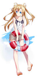 Rule 34 | 10s, 1girl, abukuma (kancolle), bare shoulders, blonde hair, blue eyes, camisole, collarbone, full body, highres, hunter.g, innertube, kantai collection, long hair, looking to the side, sandals, solo, swim ring, twintails