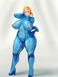 Rule 34 | 1girl, absurdres, blonde hair, blush, bodysuit, breasts, breasts apart, cameltoe, closed eyes, clothes, covered erect nipples, covered navel, female focus, high heels, highres, huge breasts, impossible clothes, large breasts, lip biting, lips, long hair, metroid, mole, navel, nintendo, nipples, plump, ponytail, puffy nipples, pussy, samus aran, see-through, skin tight, solo, standing, stretching, thick thighs, thighs, undersized clothes, upright-infinity, wide hips, zero suit