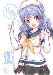 Rule 34 | 1girl, blue eyes, blue hair, breasts, character name, double bun, elbow gloves, gloves, hair bun, hat, index fingers raised, kantai collection, koshigaya tatsumi, medium breasts, medium hair, neckerchief, open mouth, pleated skirt, sailor hat, school uniform, serafuku, simple background, skirt, sleeves rolled up, smile, solo, teeth, translation request, upper teeth only, urakaze (kancolle), white background, white gloves, white hat, yellow neckerchief