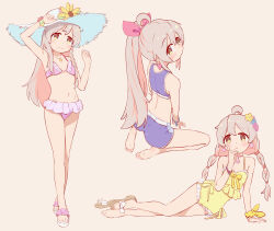 Rule 34 | 1girl, ahoge, arm support, arm up, bangle, bare shoulders, barefoot, bikini, blue shorts, blush, bracelet, braid, closed mouth, commentary request, crop top, cross, cross necklace, earrings, feet, flat chest, flower, flower earrings, frilled bikini, frilled one-piece swimsuit, frills, hair flower, hair ornament, hair ribbon, hand up, hat, highres, jewelry, long hair, looking at viewer, low twintails, lying, multiple views, navel, necklace, on side, one-piece swimsuit, onii-chan wa oshimai!, oyama mahiro, pink background, pink bikini, pink hair, red ribbon, ribbon, sandals, scrunchie, seiza, shorts, side ponytail, simple background, single braid, single sandal, sitting, soles, standing, stomach, sun hat, swimsuit, toes, twintails, wavy mouth, white headwear, wrist scrunchie, yellow one-piece swimsuit, yellow scrunchie, ziyan yi