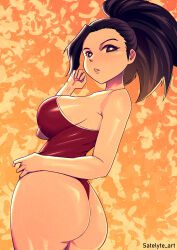 Rule 34 | 1girl, absurdres, alternate breast size, artist name, ass, bare arms, bare shoulders, black hair, boku no hero academia, breasts, cowboy shot, eyelashes, forehead, from behind, heart, heart-shaped pupils, high ponytail, highres, large breasts, looking at viewer, looking back, one-piece swimsuit, one-piece thong, parted lips, satelyte, shiny skin, sideboob, simple background, solo, swimsuit, symbol-shaped pupils, thighs, thong, v-shaped eyebrows, yaoyorozu momo