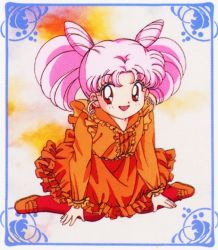 Rule 34 | 1990s (style), 1girl, bishoujo senshi sailor moon, chibi usa, child, double bun, earrings, frills, hair bun, jewelry, kneeling, looking up, nightgown, official art, pajamas, pink hair, red eyes, retro artstyle, smile, twintails