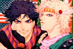 Rule 34 | 2boys, :d, american flag, battle tendency, black hair, blonde hair, blue eyes, blue hair, blue jacket, caesar anthonio zeppeli, closed mouth, facial mark, feathers, fingerless gloves, gloves, grin, hair ornament, hand on shoulder, head in hand, head rest, headband, jacket, jojo no kimyou na bouken, joseph joestar, joseph joestar (young), lips, male focus, multiple boys, open mouth, parted lips, pink hair, scarf, sleeveless, smile, spiked hair, striped clothes, striped scarf, teeth, upper body, white hair, yukiji (dokira)