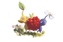 Rule 34 | bastienquignon, black eyes, blue pikmin, blue skin, carrying, colored skin, flower, food, fruit, holding, holding food, holding fruit, leaf, moss, nintendo, no humans, no mouth, oversized food, oversized object, pikmin (creature), pikmin (series), pointy ears, shadow, white background, white flower, yellow pikmin, yellow skin