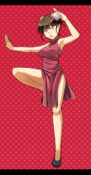 Rule 34 | 1girl, alternate hairstyle, alto-00, arm up, armpits, brown eyes, brown hair, bun cover, chestnut mouth, china dress, chinese clothes, double bun, dress, fighting stance, hair up, highres, leg up, letterboxed, polka dot, polka dot background, red background, solo, standing, standing on one leg, taneshima popura, working!!