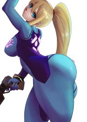 Rule 34 | 1girl, ass, blonde hair, blue bodysuit, blue eyes, bodysuit, breasts, gun, highres, holding, holding gun, holding weapon, huge ass, large breasts, lips, long hair, looking at viewer, lyn nyl, metroid, mole, mole under mouth, nintendo, noblood (ryandomonica), ponytail, samus aran, sideboob, solo, thick thighs, thighs, weapon, white background, zero suit