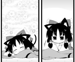 Rule 34 | 1girl, :3, ^ ^, animal ears, blush, bow, cat ears, cat tail, chibi, comic, commentary request, detached sleeves, closed eyes, floral background, futa (nabezoko), greyscale, hair bow, hair ribbon, hair tubes, hakurei reimu, kemonomimi mode, md5 mismatch, monochrome, nontraditional miko, resized, ribbon, silent comic, solo, tail, touhou
