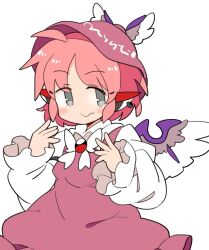 Rule 34 | 1girl, animal ears, bird ears, bird wings, blush, brown dress, brown hat, closed mouth, collared shirt, dress, earrings, fang, frilled sleeves, frills, grey eyes, hat, ini (inunabe00), jewelry, long sleeves, looking at viewer, mystia lorelei, pink hair, shirt, short hair, simple background, single earring, skin fang, sleeve garter, smile, solo, touhou, white background, white shirt, white wings, winged hat, wings
